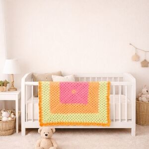 Handmade Super Soft Colorful Neon Crocheted Granny Square Blanket New